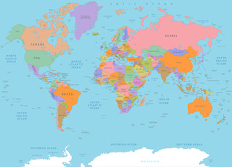  Colored detailed political world map. Political colored physical topographical map with countries borders, capital cities, islands and water objects names