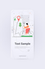 Poster - woman riding bike using mobile gps navigation app travel tourism concept full length vertical copy space vector illustration