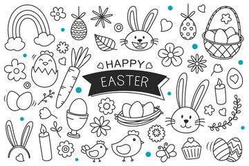 Wall Mural - Easter eggs hand drawn on white background. Happy easter isolated element objects.