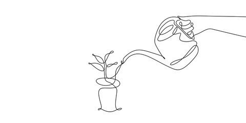Wall Mural - continuous line drawing watering plants isolated on white background.