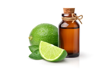 Wall Mural - Green lime essential oil with fruit  and sliced isolated on white background.