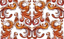 Vintage Phoenix Seamless Pattern With Curls And Feathers. Wallpaper Of Orange Birds With Tails And Wings On A White Background. Bird Damask Fabric.