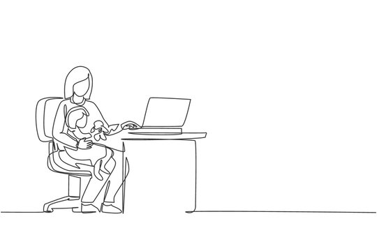 Single continuous line drawing of young mother siting on chair and holding her daughter while typing on laptop, work from home. Happy family parenting concept. One line draw design vector illustration