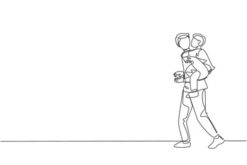 Poster - One single line drawing of young father talking to his sleepy son while carrying him on back go to the bed room vector illustration. Happy family parenting concept. Modern continuous line draw design