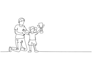 Wall Mural - One single line drawing of young father congratulate his daughter who win first place trophy at study competition vector illustration. Happy family bonding concept. Modern continuous line draw design