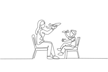Poster - One continuous line drawing of young mother and her daughter sitting on chair and playing airplane toy together at home. Happy family parenthood concept. Single line draw design vector illustration
