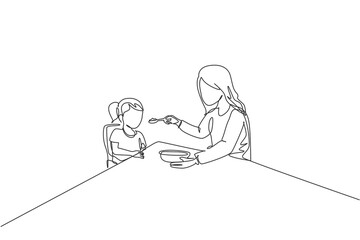 Canvas Print - Single continuous line drawing of young mother feeding her sick fever daughter while siting on dining chair at home. Happy family parenthood concept. Trendy one line draw design vector illustration