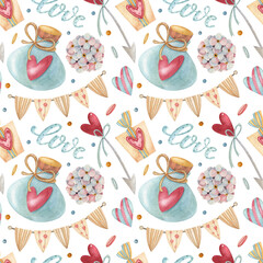 Wall Mural - Watercolor seamless pattern with heart, arrow, flower, gift box and bottle on the light background. Bright illustration. Ideal for textile, wrapping, and other designs.