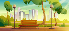 City Park With Green Trees And Grass, Wooden Bench, Lanterns And Town Buildings On Skyline. Vector Cartoon Summer Landscape With Empty Public Garden, Birds And Sun Beams