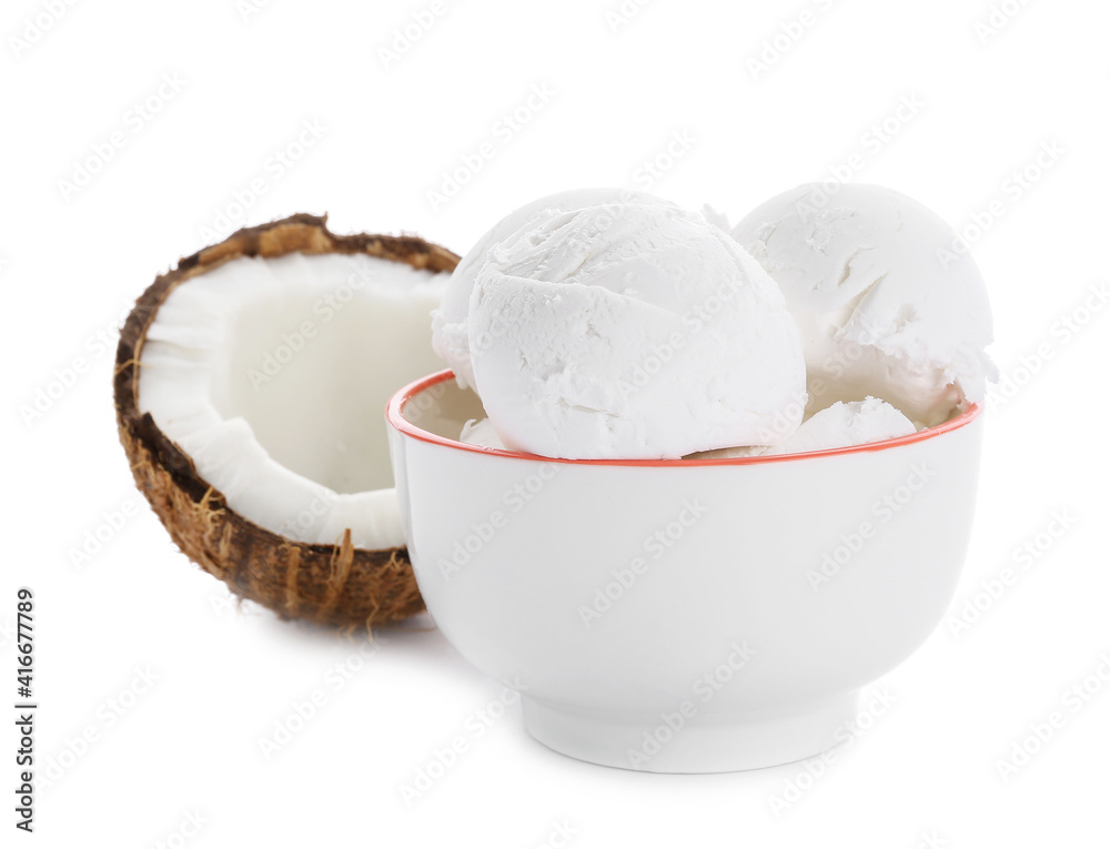 Bowl with tasty coconut ice cream on white background