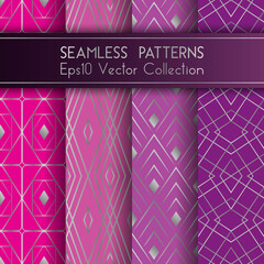 Wall Mural - Art deco geometric seamless patterns set vector graphic design with geometric shapes and thin lines grid.