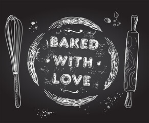 Canvas Print - Baked with love rubber stamp imprint on a chalkboard