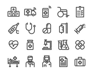 Thin line icons set of hospital and medical care. 