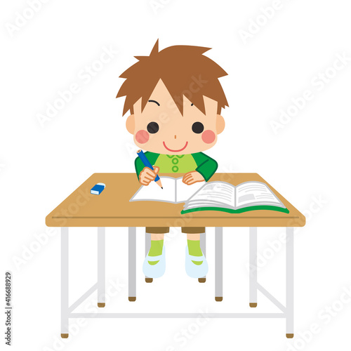 学校の授業中にノートをとる可愛い小学生の男の子のイラスト Stock Vector Adobe Stock
