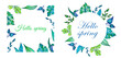 Set green illustrations with leaves and spring plants. Border for web or print about spring on white isolated backgrount.