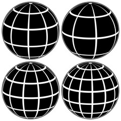 Poster - set black globe 3D model of the Earth or of the planet, model of the celestial sphere with coordinate grid, vector field with stripes and lines Meridian and parallel