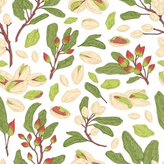 Aufkleber - Seamless pistachio pattern with nuts, shells, branches and leaves. Endless texture with realistic pistaches on white background. Hand-drawn colored vector illustration for printing