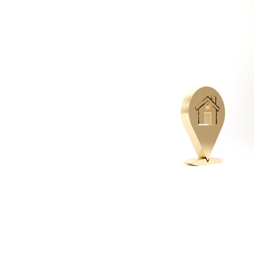Gold Map pointer with house icon isolated on white background. Home location marker symbol. 3d illustration 3D render.