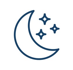 Abstract weather icon with half-moon or waning crescent with stars in clear sky. Simple logo of night time in line art style. Linear flat vector illustration isolated on white background