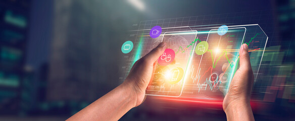 Wall Mural - digital of virtual marketing in situations with business and finance networking on interface online 