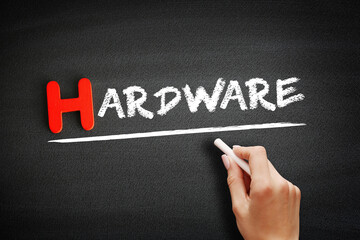 Poster - hardware text on blackboard, technology concept background