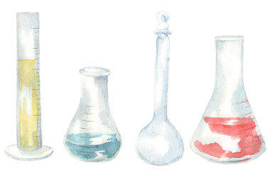 Hand drawn watercolor set of glass flask and bottles for science. Illustration of chemistry set, realistic drawing isolated on white.