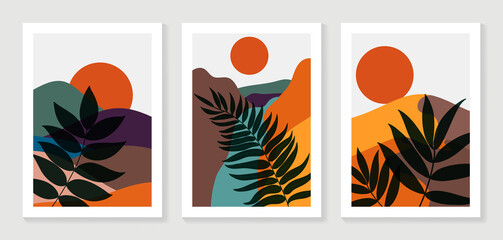 Mountain and Botanical wall art vector set. Earth tones landscapes wallpaper. Oasis Tropical backgrounds collection with mountain, sand, palm,Twigs leaf, moon or sun. Vector illustration.