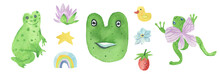 Watercolor Aesthetic Set Of Green Frogs With Violet.Сottagecore Collection Of Cute Animals With Rainbows,duck,forget-me-nots,berries,star,lilies Hand Painted On White Isolated Background.