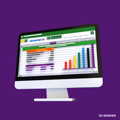 Poster - Spreadsheet on Computer screen 3d render icon. Financial accounting report concept. office things for planning, accounting, analysis, audit, project management, marketing, research data illustration
