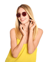 Poster - Beautiful woman in stylish sunglasses on white background