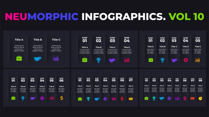 Neumorphic Vector Infographic. Dark banners set. 3, 4, 5, 6, 7, 8 steps. Presentation slide template. Neumorphism ui design. Clean minimal flat style. 