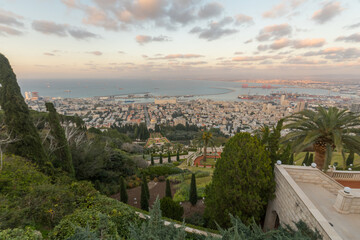 Wall Mural - Sunset view of Bahai Shrine, gardens, downtown and port, Haifa