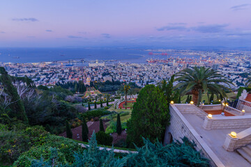 Wall Mural - Sunset view of Bahai Shrine, gardens, downtown and port, Haifa