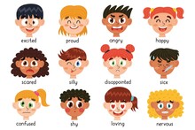 Cute Kids Emotions Faces Collection. Different Emotional Expressions Of Children Bundle. Learning Feeling Poster For School And Preschool. Faces Of Boys And Girls. Vector Illustration