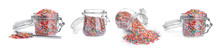 Set With Colorful Sprinkles On White Background, Banner Design. Confectionery Decor