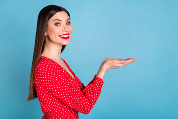 Wall Mural - Profile side view portrait of attractive cheerful girl holding on palms copy empty space ad isolated over bright blue color background