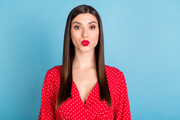 Poster - Portrait of attractive gorgeous girl sending air kiss flirt isolated over vibrant blue color background