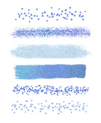 Set of blue glitter brush strokes isolated on white background. Abstract collection, elements for design.