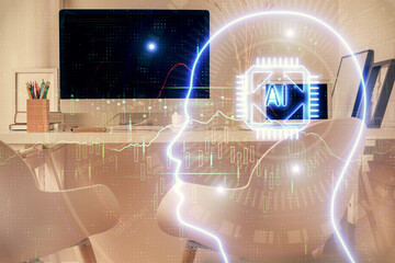 Double exposure of brain drawing and office interior background. Concept of data technology.