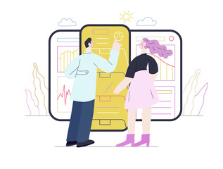 Medical reports application -medical insurance illustration -modern flat vector concept digital illustration -patient and a doctor using the medical application with reports and test results, metaphor