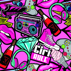 hand drawn fashion girls pattern. Colourful modern teenagers background with graffiti elements, stickers. girlish  print for textile, clothes, wrapping paper.