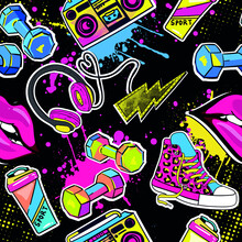 Hand Drawn Fashion Girls Pattern. Colourful Modern Teenagers Background With Graffiti Elements, Stickers. Girlish  Print For Textile, Clothes, Wrapping Paper.