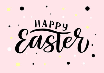 Sticker - Happy Easter hand drawn lettering. Pink background. 