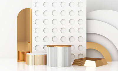 Minimal scene with podium and abstract background. Gold and white scene. Trendy for social media banners, promotion, cosmetic product show. Geometric shapes interior 3d render
