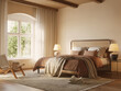 © Michael - 3d rendering of a Mediterranean calm relaxing elegant bedroom with earthy tones and a laidback woven lounge chair