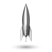Small Toy Shiny Metallic Rocket Isolated On White, Silvery Spaceship 3d Model Mockup.