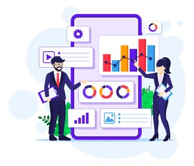 Fototapete - Business data analysis concept, People work in front of a big mobile phone. Auditing, Financial consulting flat vector illustration