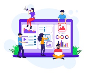 Fototapete - Marketing strategy campaign concept, people holding and shout on giant megaphone for promotion and sales program Vector illustration