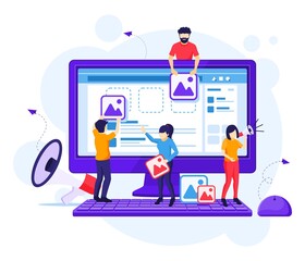 Fototapete - Digital Marketing concept, people are putting content on-screen to promote products online flat ector illustration