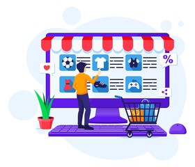 Poster - Online shopping concept, A man chooses and buys products in the online store vector illustration